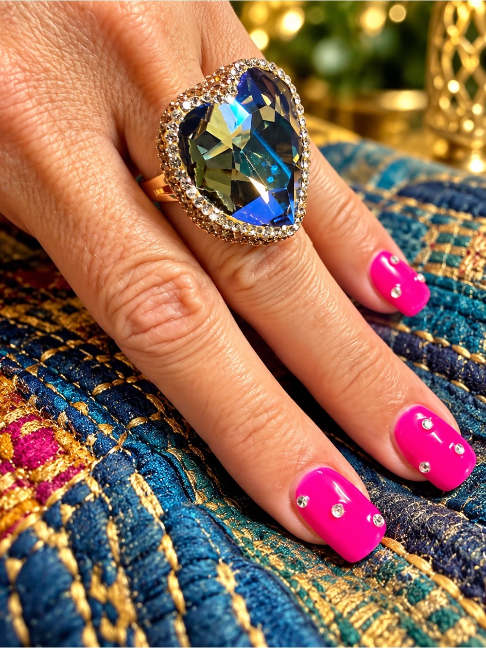 Gold Heart Ring with Blue Rhinestone